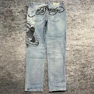 Ed Hardy Jeans 32x20 Blue Denim Tiger Spell Out Grunge Distressed Y2K